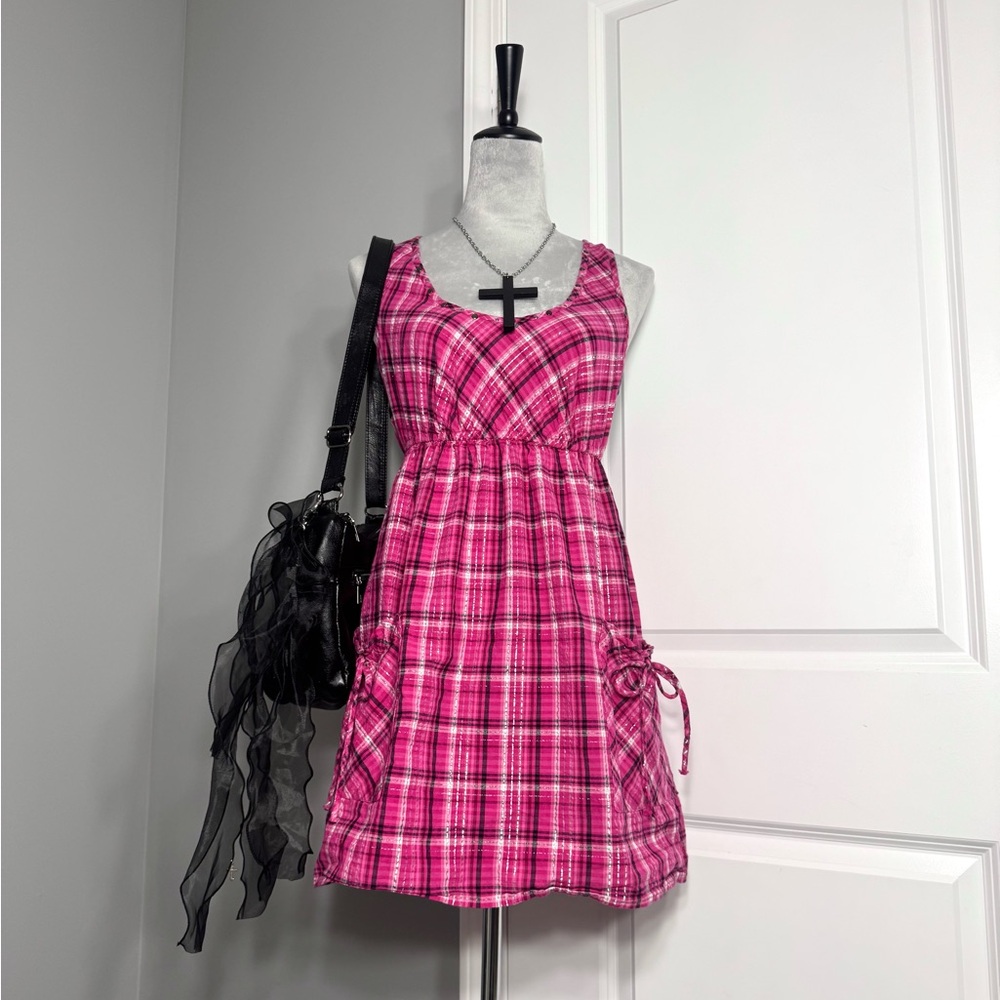Decree Grungey Studded Pink & Black Plaid Dress with Crochet Racerback Design